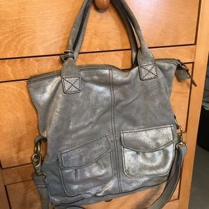 FOSSIL SILVER SUEDE TOTE/CROSSBODY HANDBAG